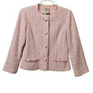 Anthropologie Elevenses Twill Tweed Button Front Frayed Bow Pink Jacket Short